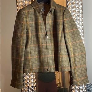 Mint Akris plaid wool jacket, collar detail